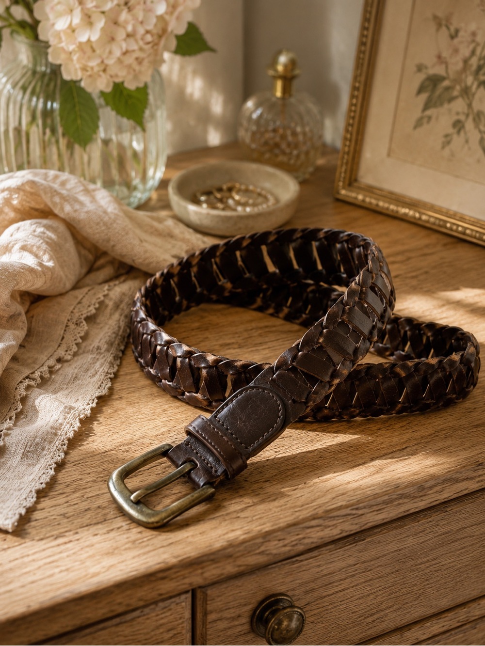 Omega Braided Leather Belt in Dark Brown 32”